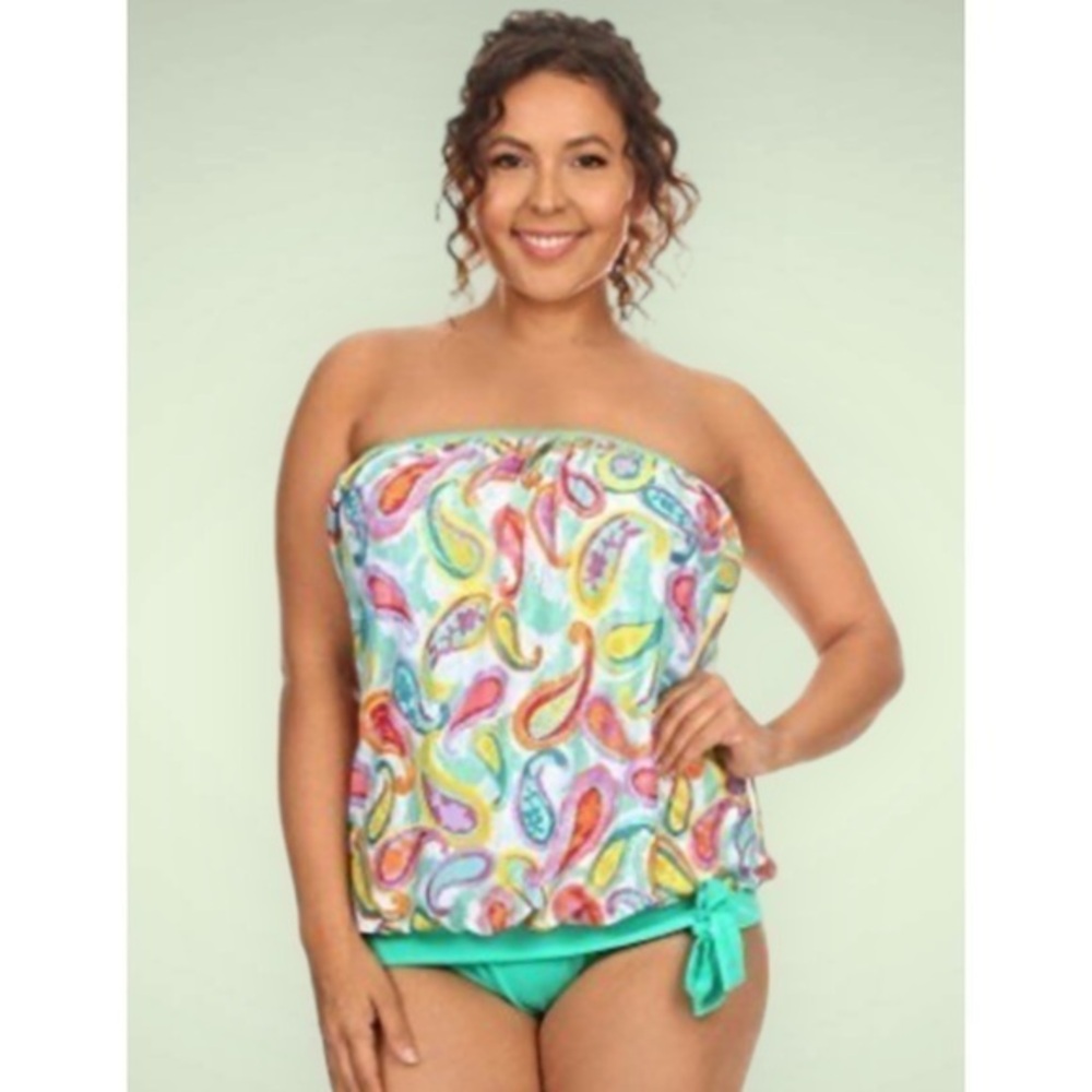 Dippin Daisy Teal Multicolor Paisley Tankini Bandeau & High Waist Bottoms Size 8